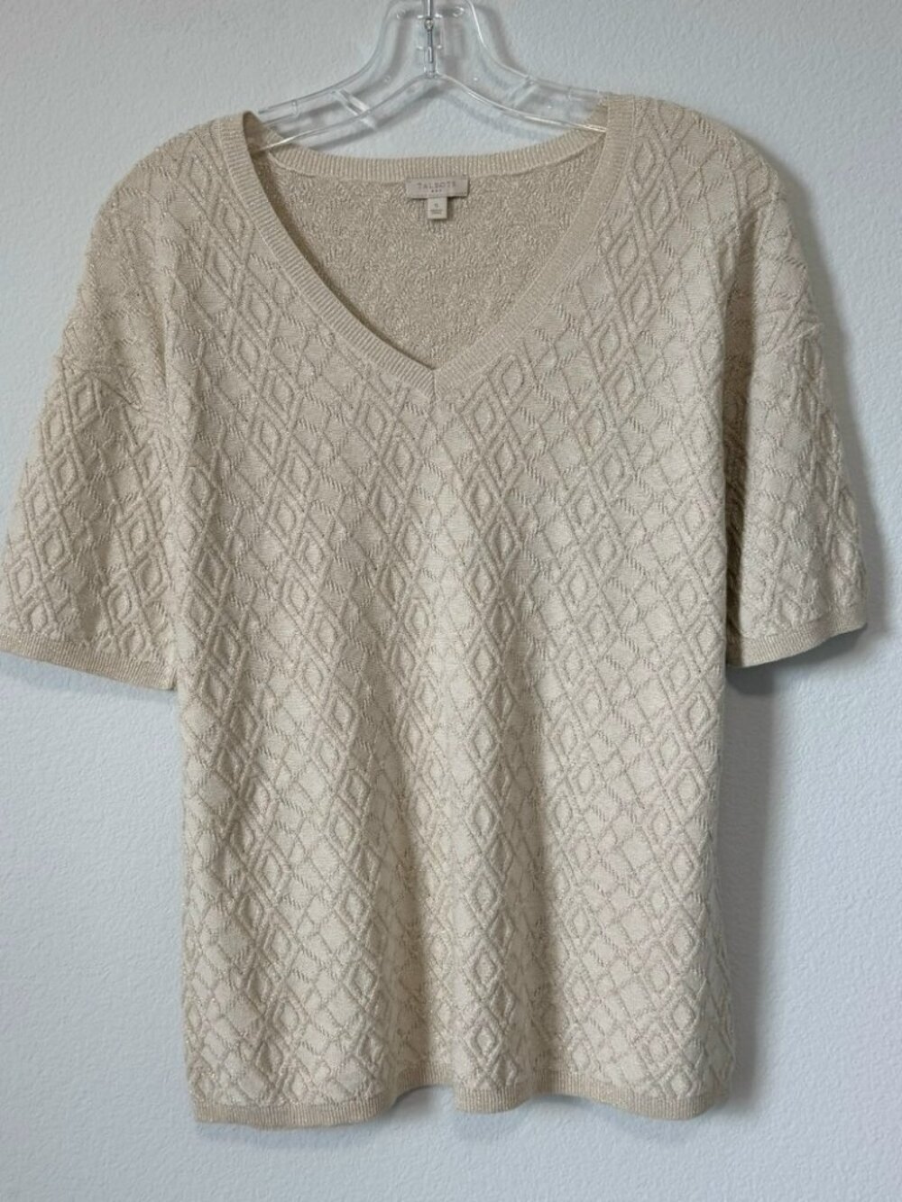 Talbots Cream/Gold Short Sleeve V-Neck Lightweight Pullover Sweater Size S